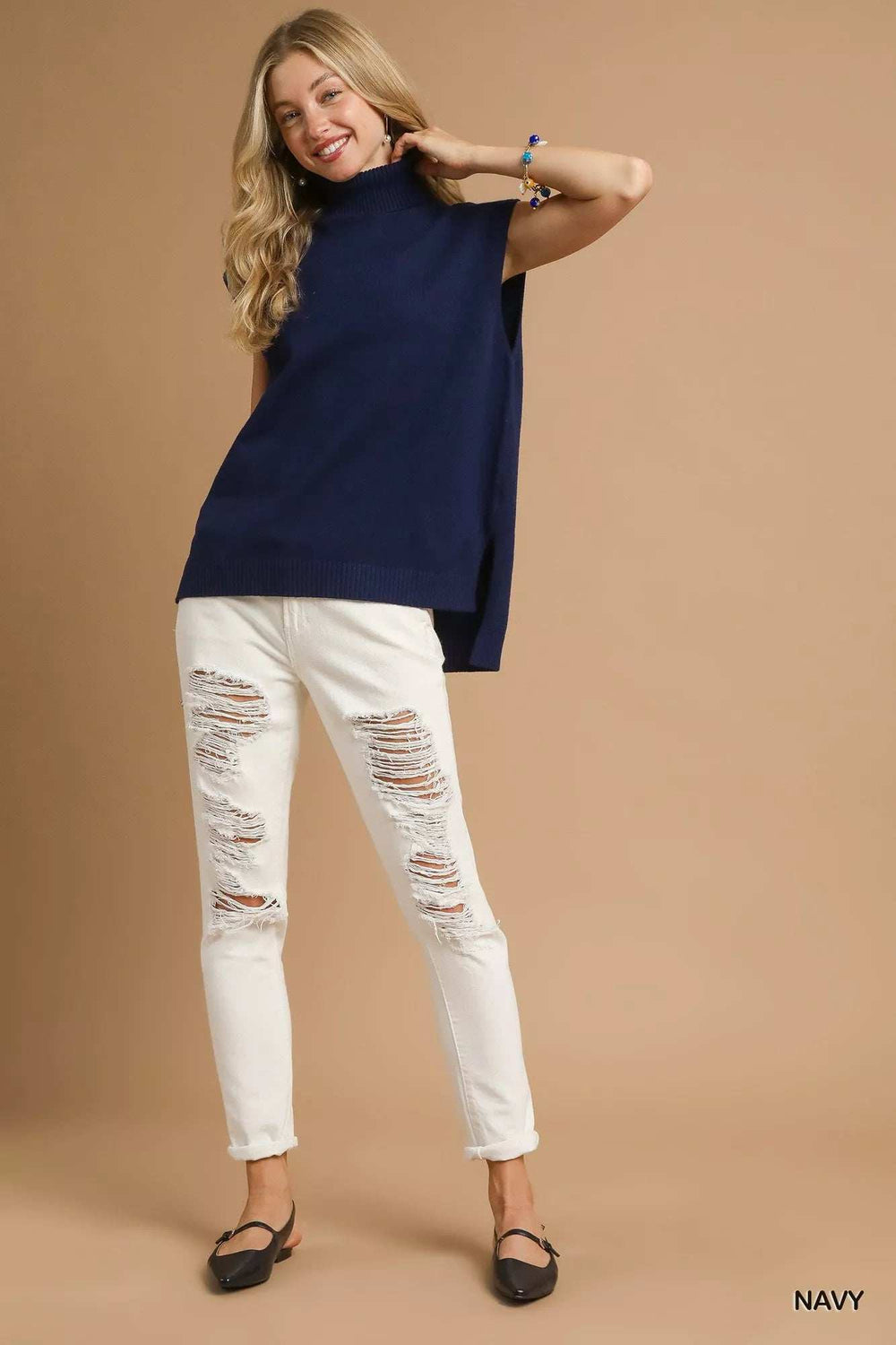 Umgee High-Low Turtleneck Sleeveless Sweater Top - Trendsi - Flyclothing LLC