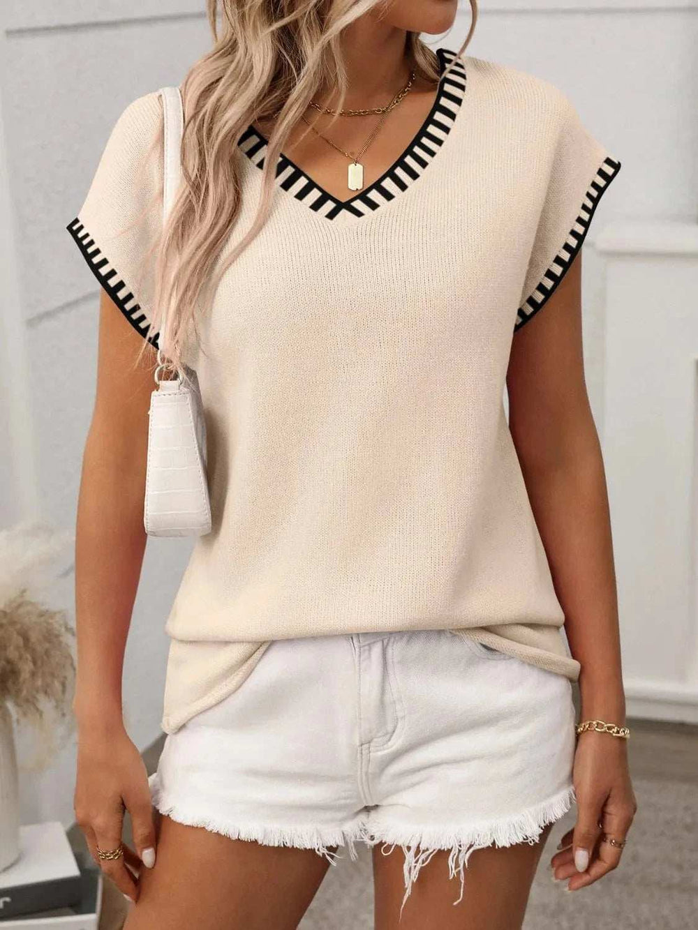 Contrast Trim V-Neck Knit Top - Trendsi - Flyclothing LLC