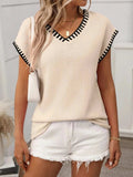 Contrast Trim V-Neck Knit Top - Trendsi - Flyclothing LLC