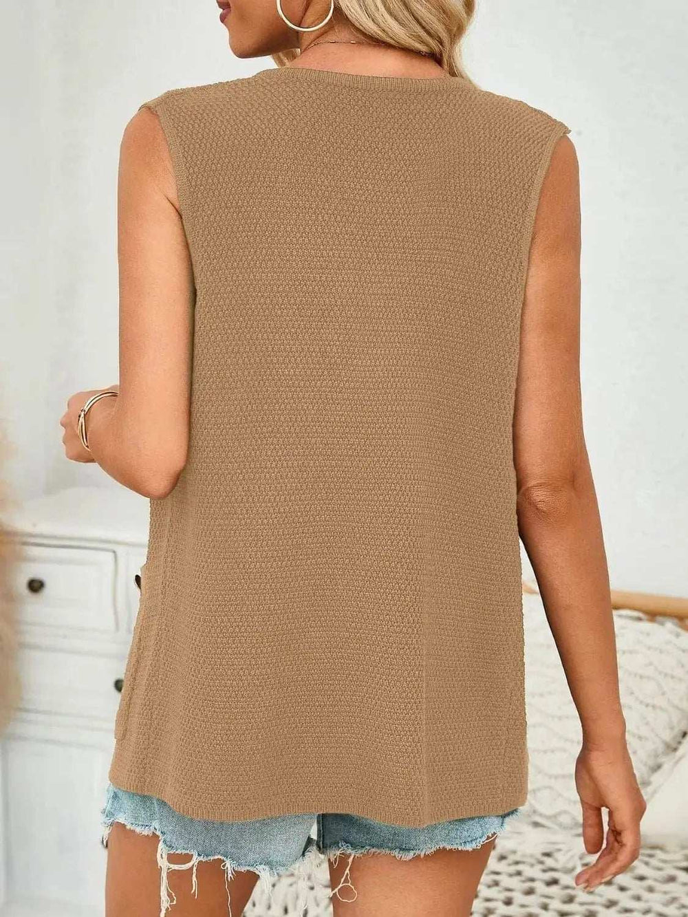 Button Down Round Neck Knit Vest - Trendsi - Flyclothing LLC