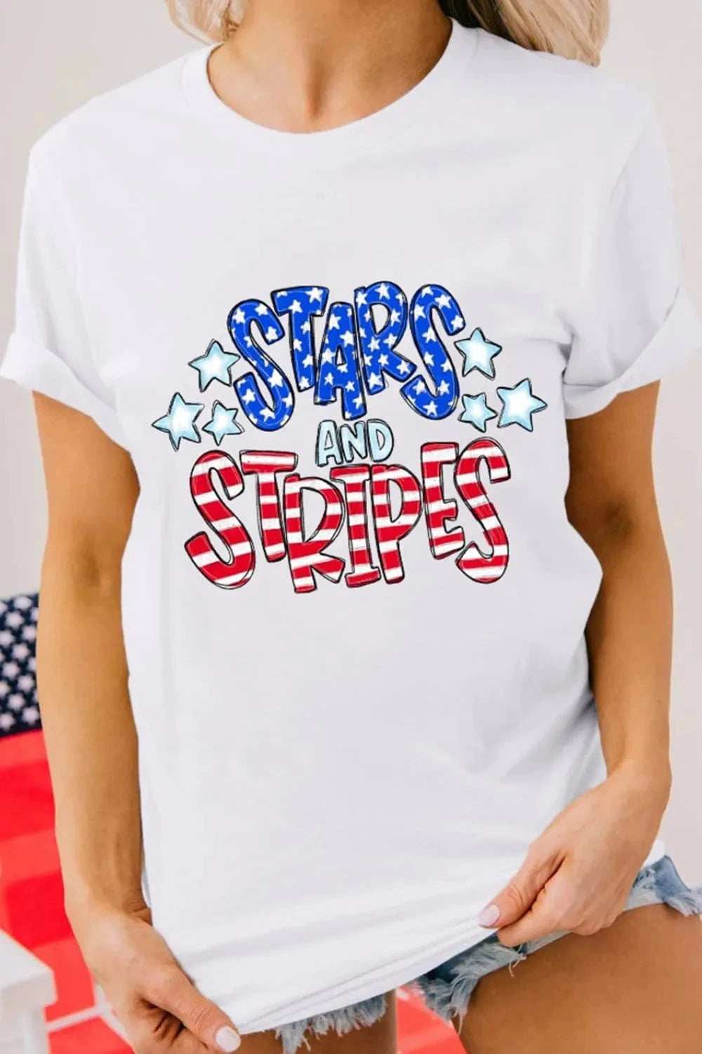 Stars and Stripes Round Neck Short Sleeve T Shirt - Trendsi - Flyclothing LLC