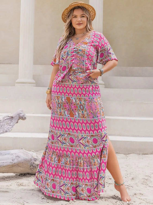 Plus Size Printed V-Neck Half Sleeve Top and Skirt Set - Trendsi - Flyclothing LLC