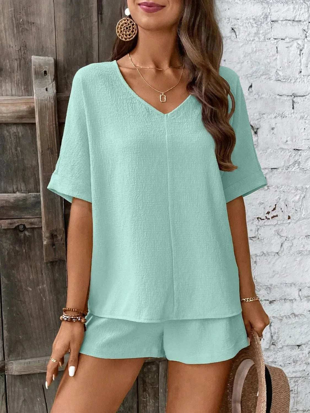 V-Neck Half Sleeve Top and Shorts Set - Trendsi - Flyclothing LLC