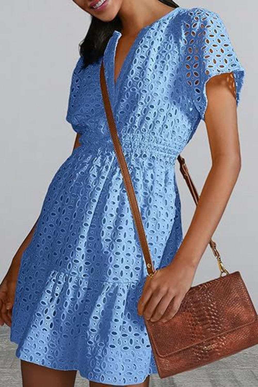 Eyelet Notched Short Sleeve Mini Dress - Trendsi - Flyclothing LLC