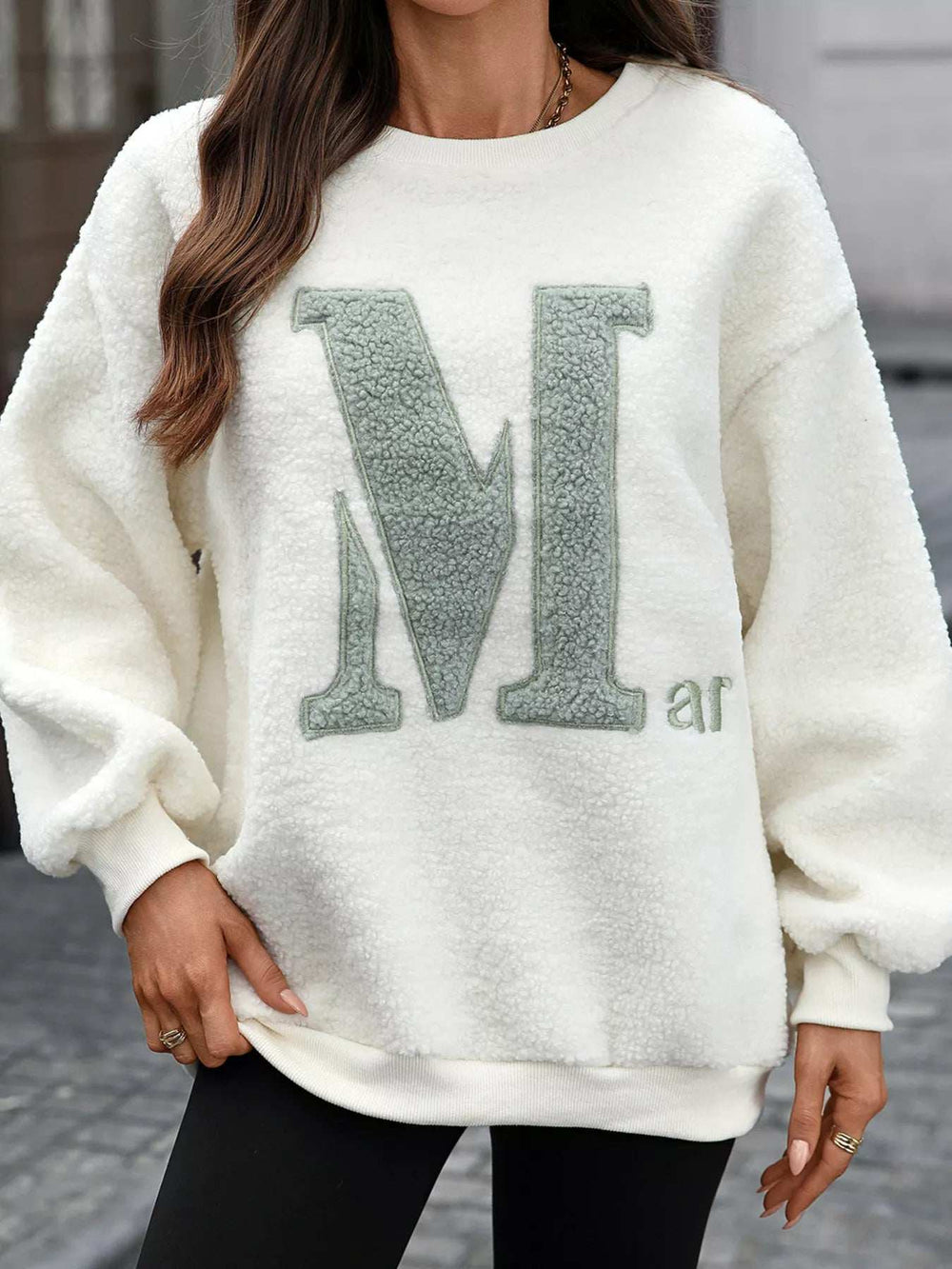 Letter Round Neck Fleece Sweatshirt - Trendsi - Flyclothing LLC