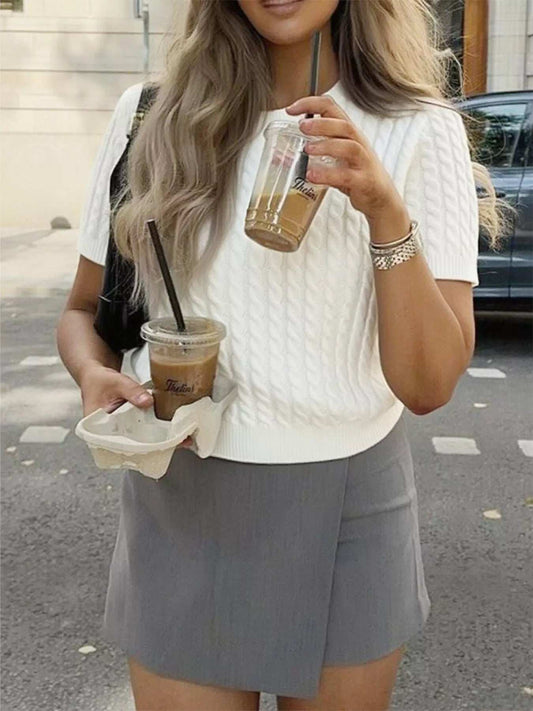 Cable-Knit Short Sleeve Sweater - Trendsi - Flyclothing LLC