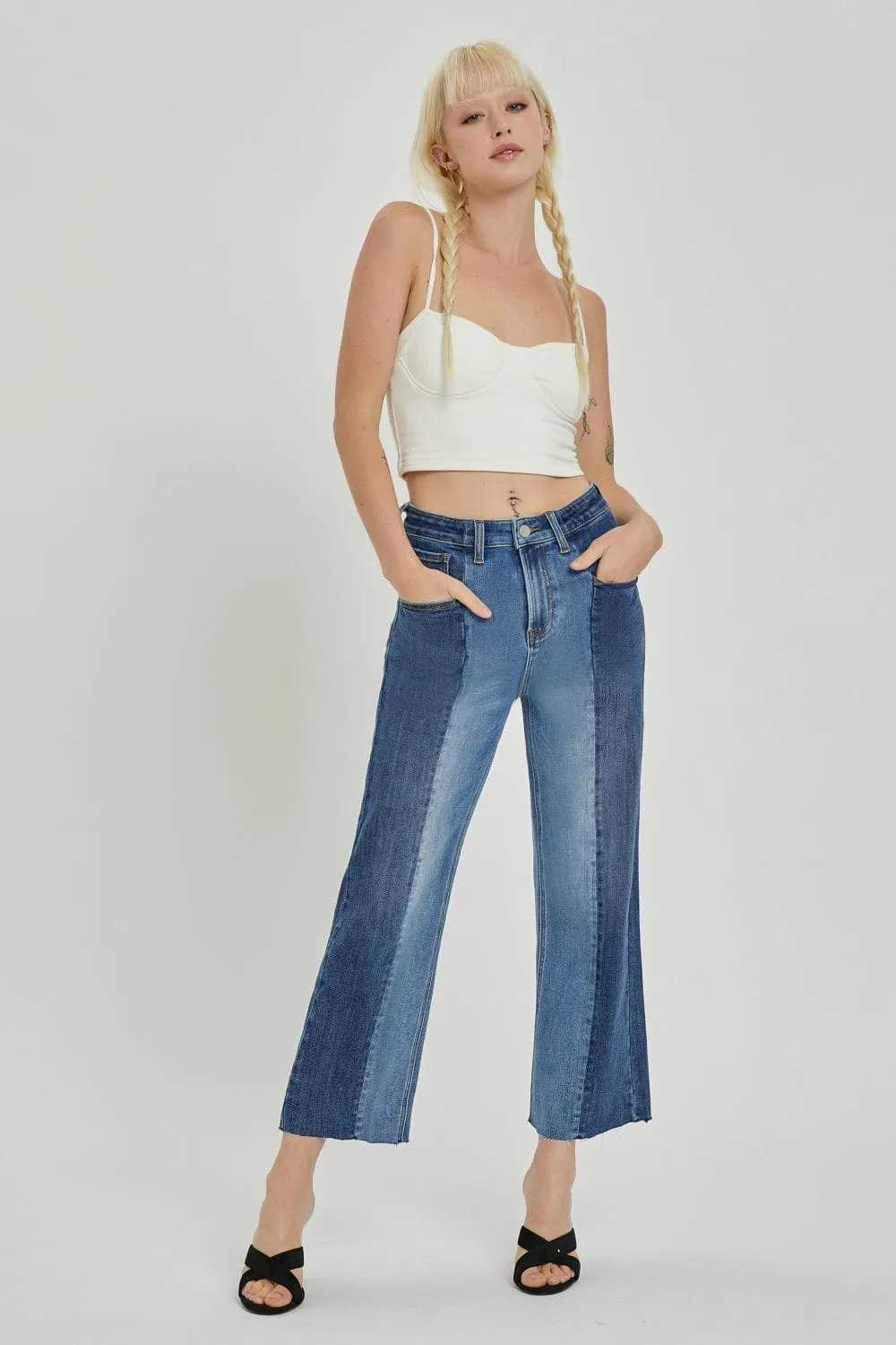 RISEN Full Size Mid-Rise Waist Two-Tones Jeans with Pockets - Trendsi - Flyclothing LLC