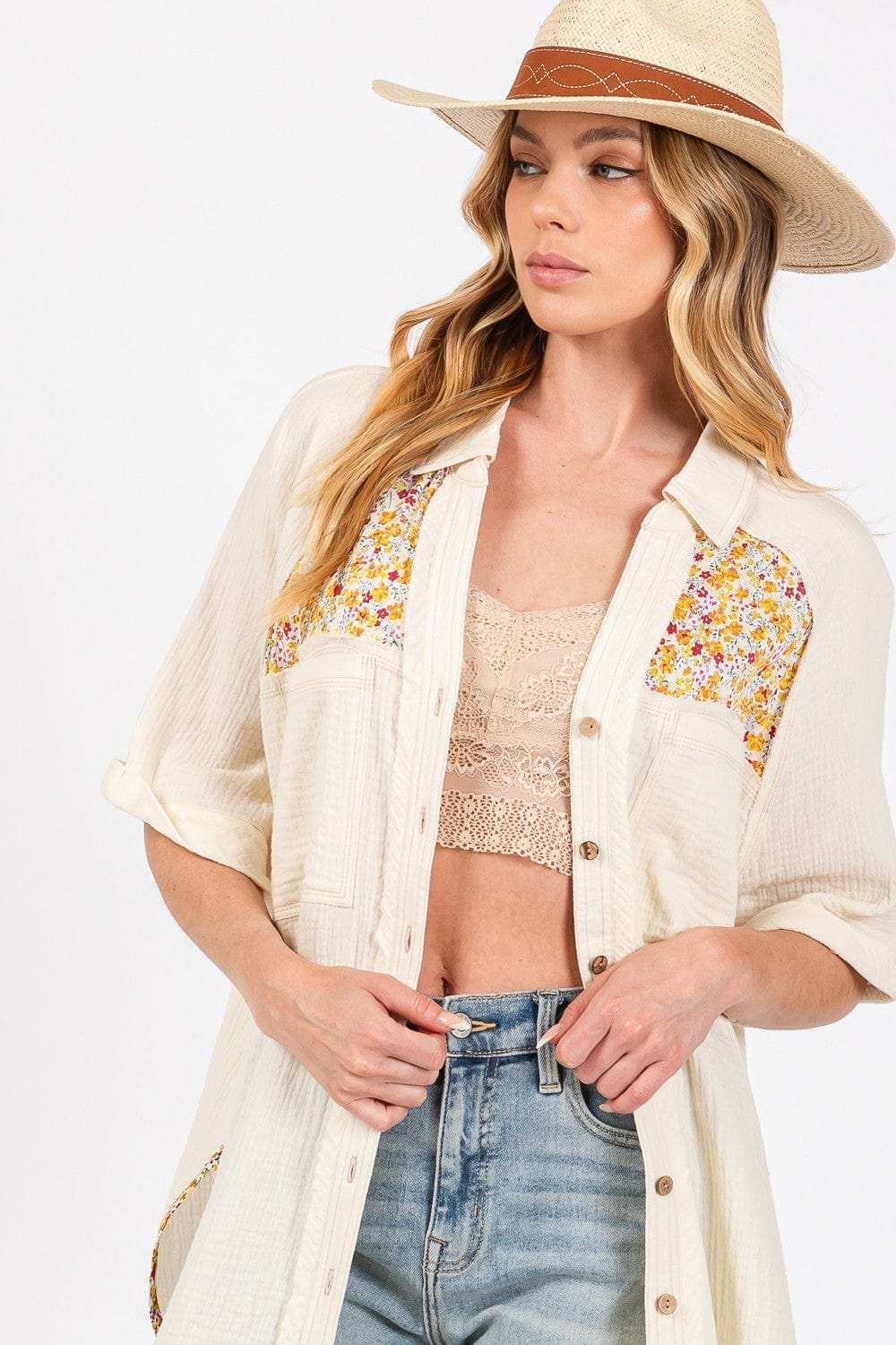 SAGE + FIG Full Size Floral Detail Button Up Short Sleeve Shirt - Trendsi - Flyclothing LLC