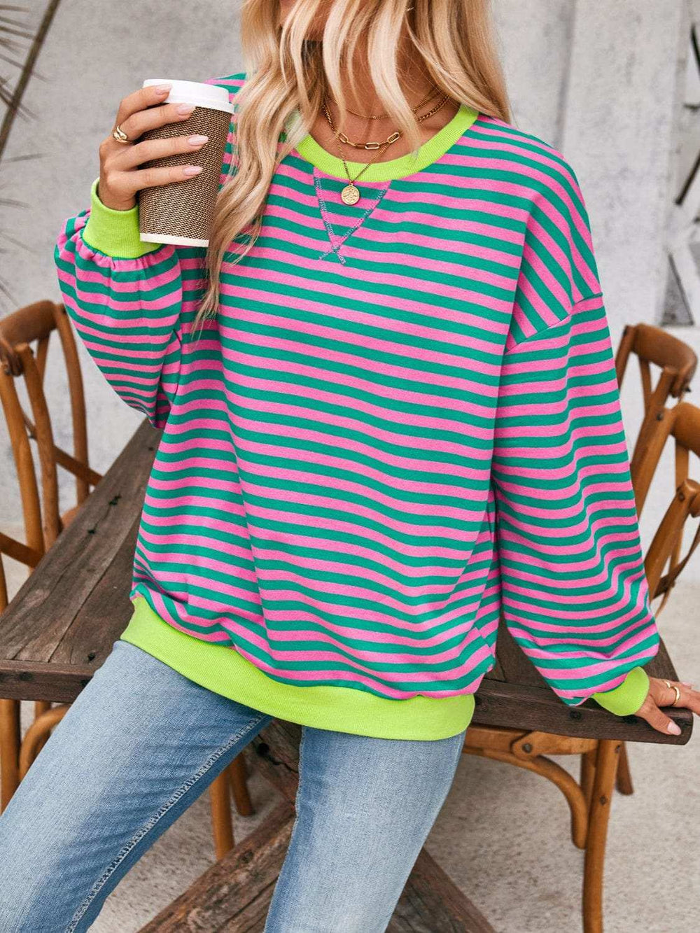 Contrast Striped Long Sleeve Sweatshirt - Trendsi - Flyclothing LLC