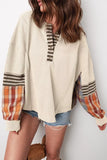 Waffle Knit Plaid Patchwork Long Sleeve Blouse - Trendsi - Flyclothing LLC