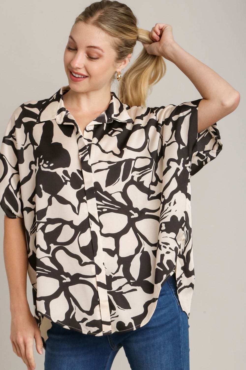 Umgee Full Size Two Tone Print Button Down Top with Hidden Plackets Plus Size - Trendsi - Flyclothing LLC