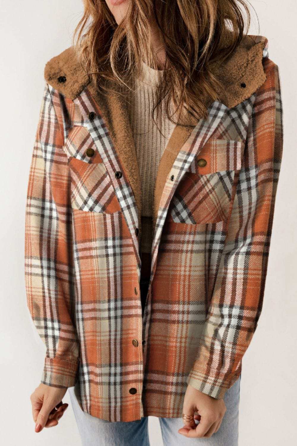 Plaid Button Up Long Sleeve Hooded Jacket - Trendsi - Flyclothing LLC