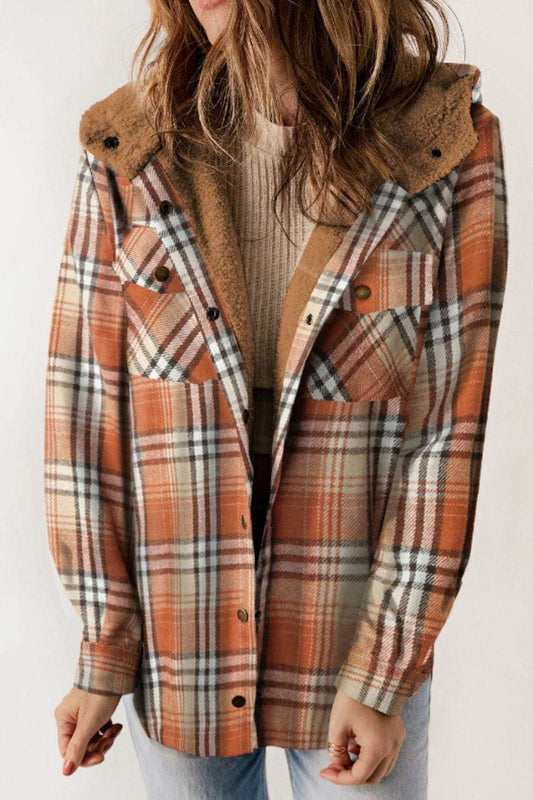 Plaid Button Up Long Sleeve Hooded Jacket - Trendsi - Flyclothing LLC