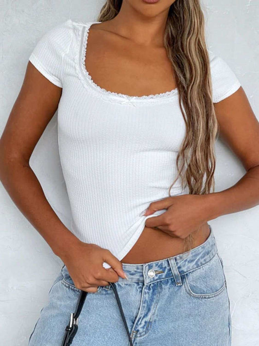 Lace Detail Scoop Neck Short Sleeve T-Shirt - Trendsi - Flyclothing LLC