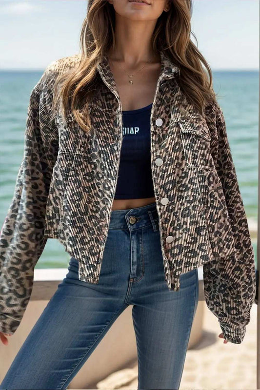 Leopard Button Down Long Sleeve Jacket - Trendsi - Flyclothing LLC