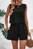 Round Neck Top and Drawstring Shorts Set - Trendsi - Flyclothing LLC