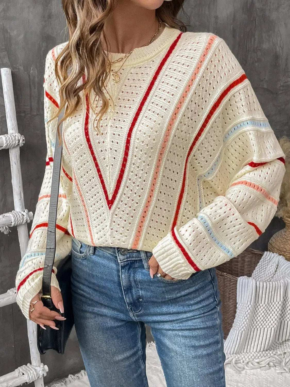 Eyelet Round Neck Long Sleeve Sweater - Trendsi - Flyclothing LLC