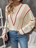 Eyelet Round Neck Long Sleeve Sweater - Trendsi - Flyclothing LLC