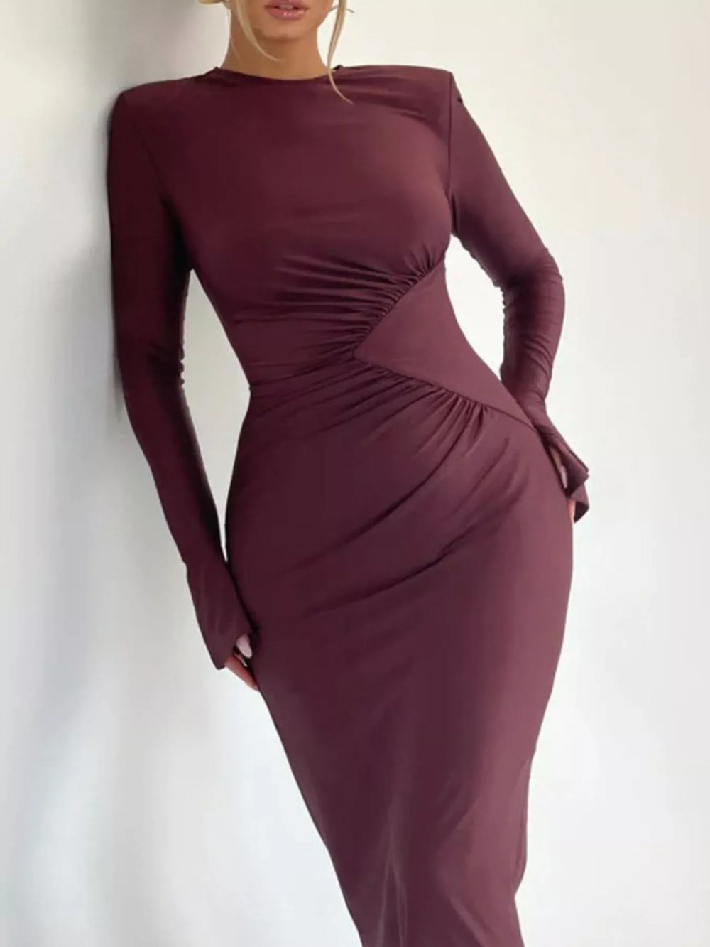 Ruched Long Sleeve Bodycon Maxi Dress - Trendsi - Flyclothing LLC