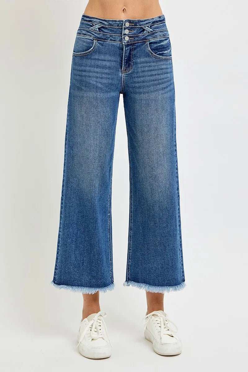 RISEN High Rise Crop Wide Leg Jeans with Wide Band Detail - Trendsi - Flyclothing LLC