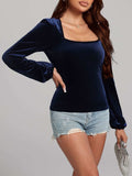 Square Neck Long Sleeve Velvet Top - Trendsi - Flyclothing LLC