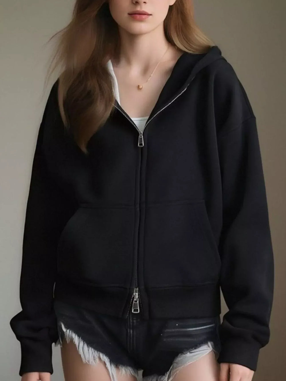 Full Size Casual Zip-Up Long Sleeve Hoodie Plus Size - Trendsi - Flyclothing LLC