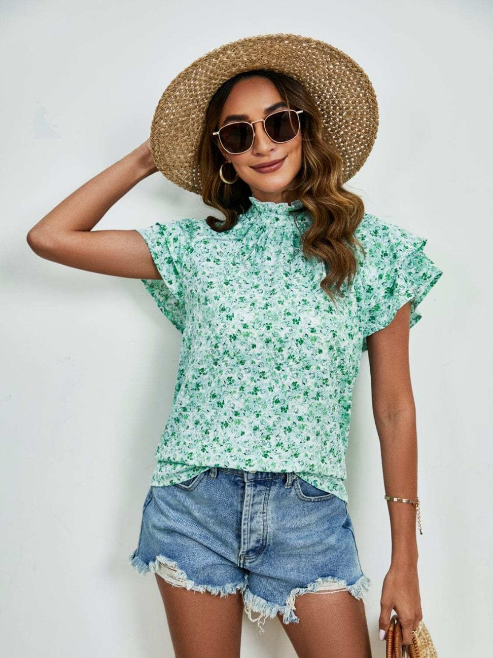 Ditsy Floral Mock Neck Flounce Sleeve Blouse - Trendsi - Flyclothing LLC