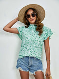 Ditsy Floral Mock Neck Flounce Sleeve Blouse - Trendsi - Flyclothing LLC
