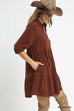 Umgee Tiered Corduroy Mini Dress with Balloon Sleeves - Trendsi - Flyclothing LLC