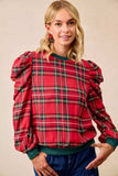 BiBi Christmas Plaid Exaggerated Shoulder Sleeves Top - Trendsi - Flyclothing LLC