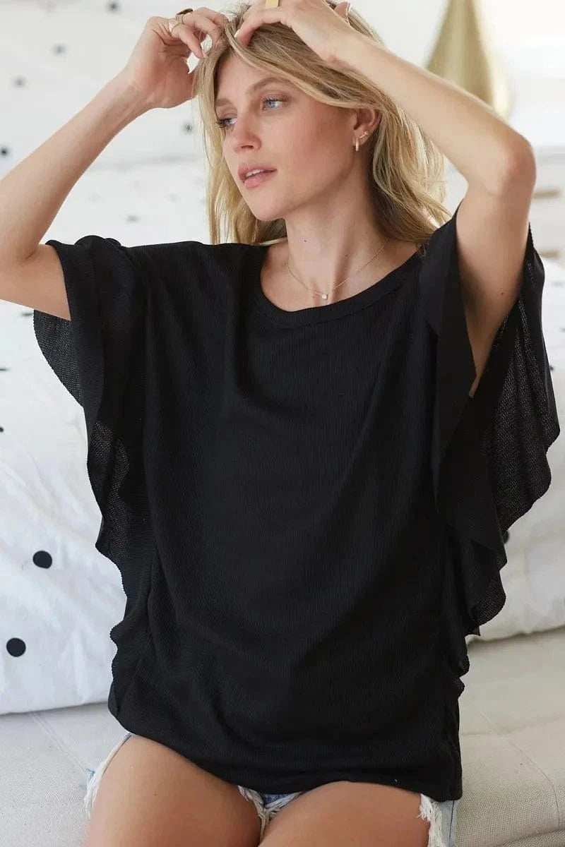 BiBi Thermal Knit with Ruffled Sleeve Top - Trendsi - Flyclothing LLC