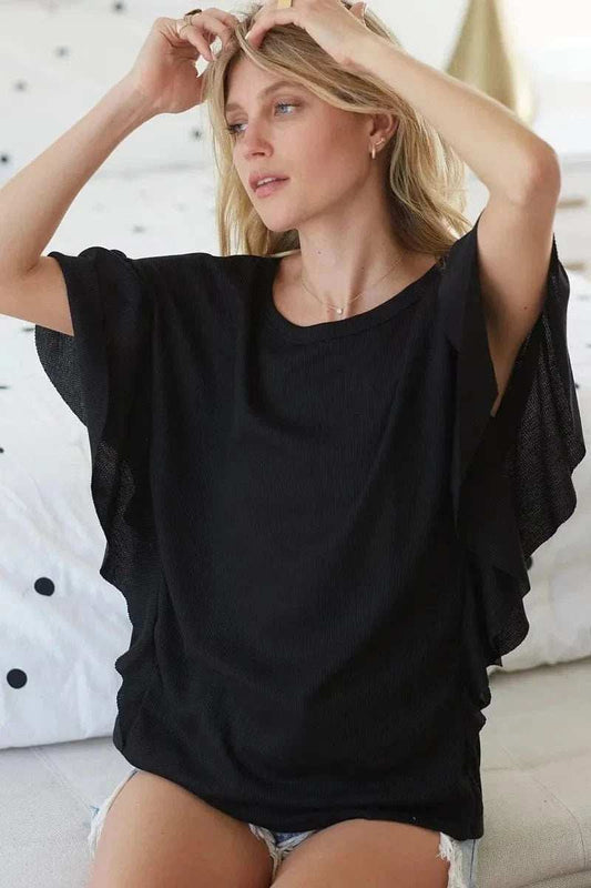 BiBi Thermal Knit with Ruffled Sleeve Top - Trendsi - Flyclothing LLC