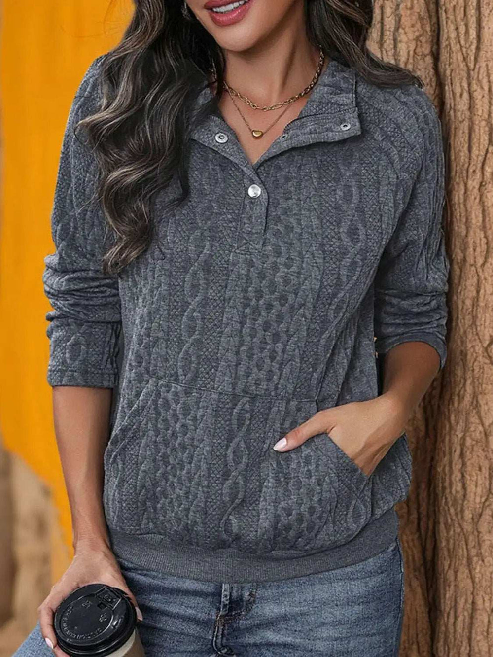 Textured Quarter Snap Long Sleeve Sweatshirt - Trendsi - Flyclothing LLC