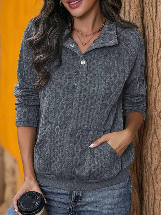 Textured Quarter Snap Long Sleeve Sweatshirt - Trendsi - Flyclothing LLC