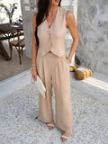 Devine Button Down Vest and Wide Leg Pants Set - Trendsi - Flyclothing LLC