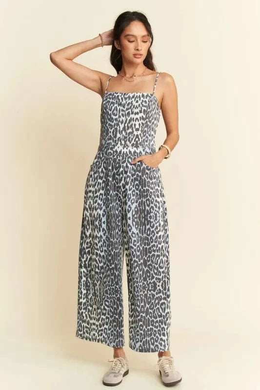 Davi & Dani Leopard Spaghetti Straps Wide Leg Jumpsuit - Trendsi - Flyclothing LLC