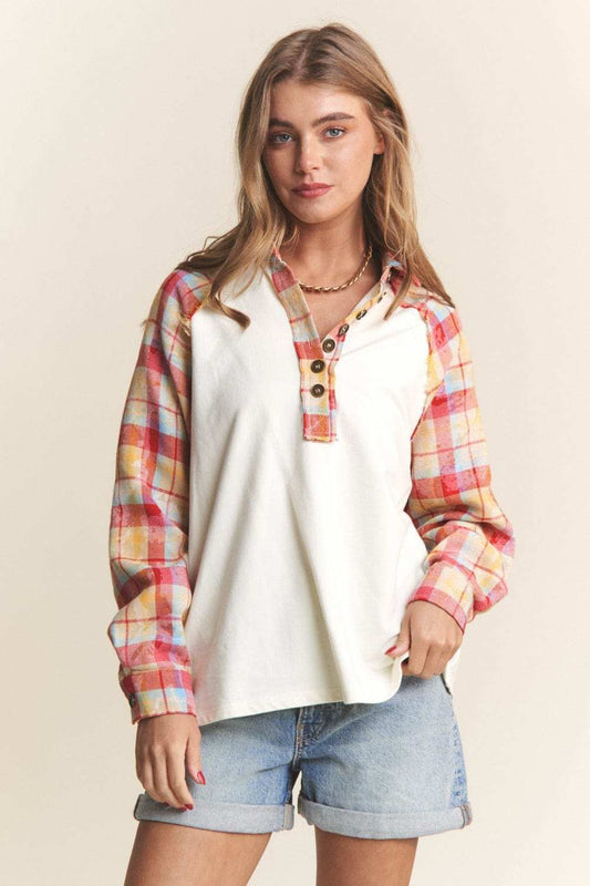 J.NNA Plaid Contrast Button Down Henley Top - Trendsi - Flyclothing LLC