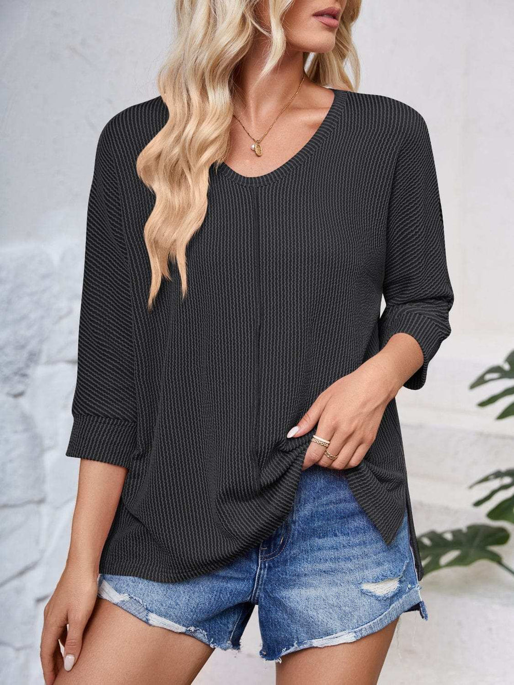 Textured Round Neck Three-Quarter Sleeve Blouse - Trendsi - Flyclothing LLC