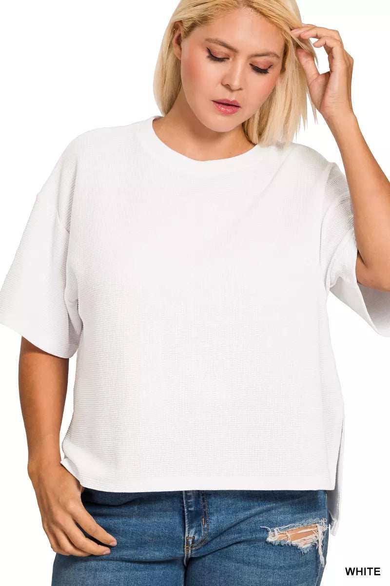 Zenana Full Size Double Knit Side Slits Hi Low Short Sleeve Top Plus Size - Trendsi - Flyclothing LLC
