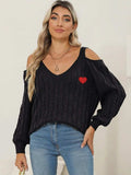 Cable-Knit Heart V-Neck Sweater - Trendsi - Flyclothing LLC