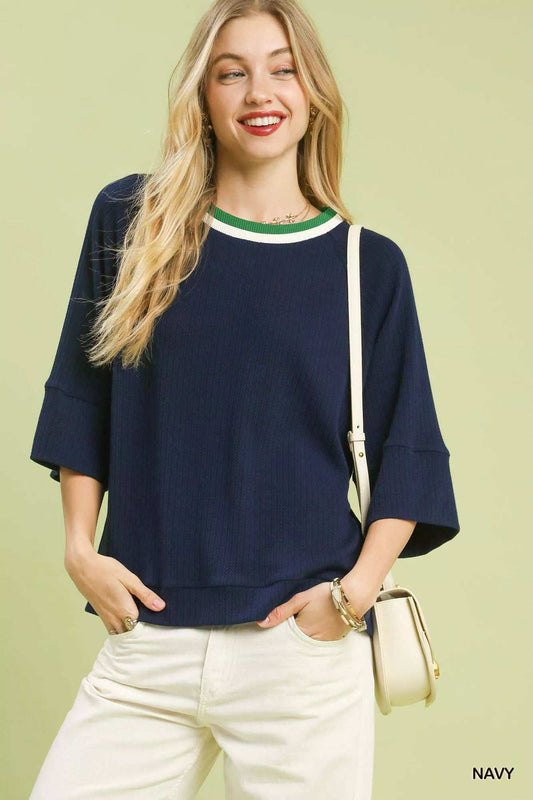 Umgee Ribbed Knit Top with Contrast Trim - Trendsi - Flyclothing LLC