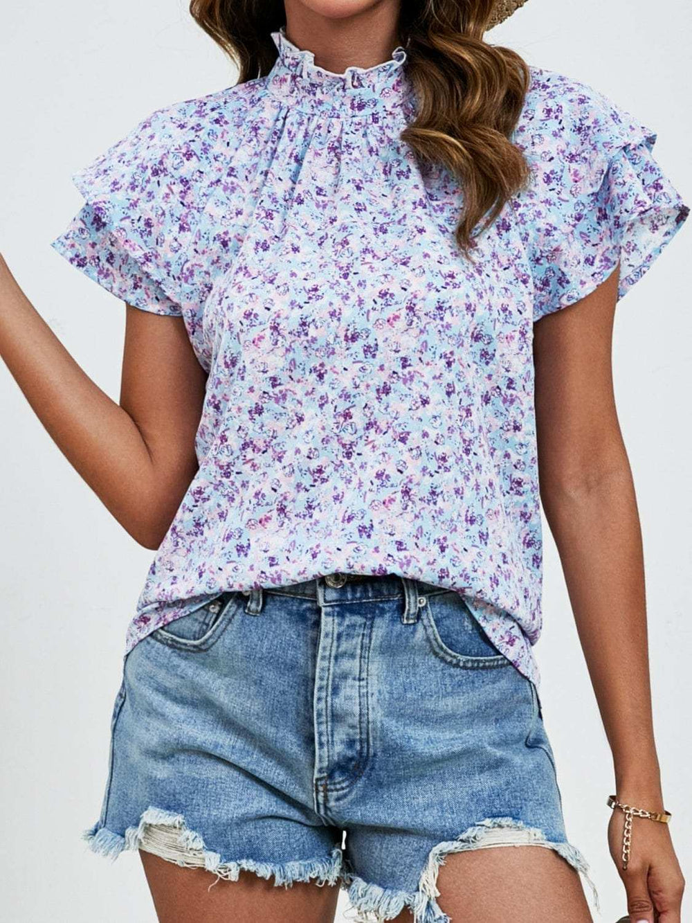 Ditsy Floral Mock Neck Flounce Sleeve Blouse - Trendsi - Flyclothing LLC