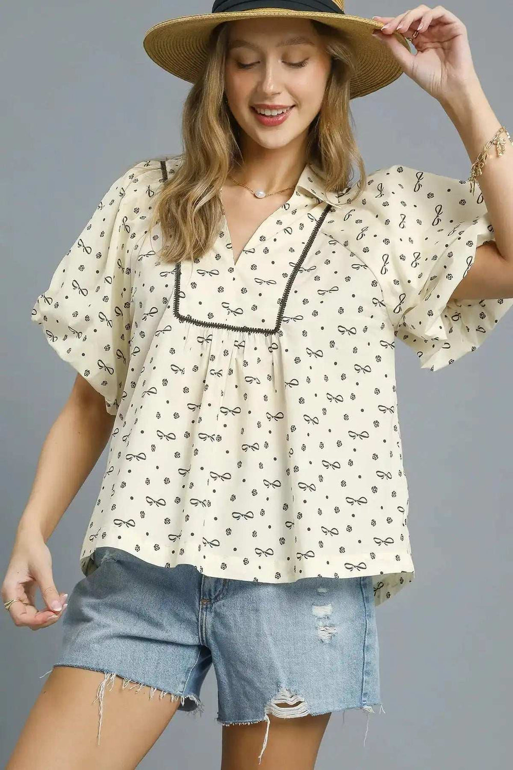 Umgee Bow Print Puff Sleeve Blouse - Trendsi - Flyclothing LLC