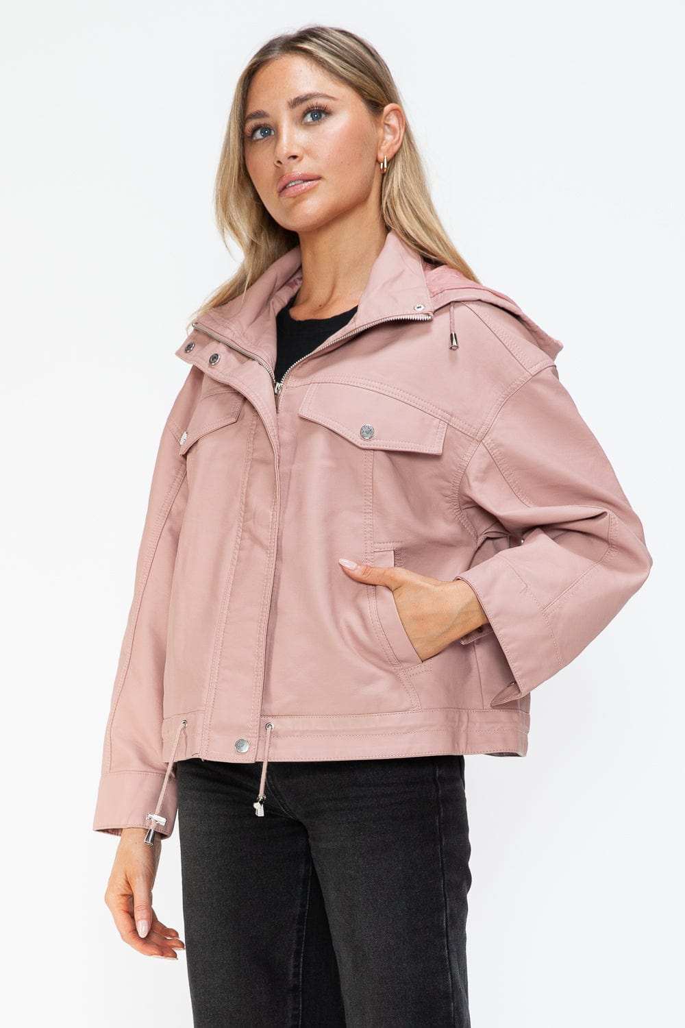 How Dare U Drawstring Hem PU Leather Zip Up Jacket - Trendsi - Flyclothing LLC
