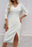 Slit V-Neck Long Sleeve Midi Dress - Trendsi - Flyclothing LLC