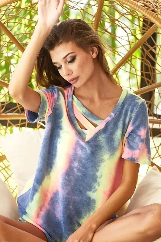 BiBi Tie Dye Terry V Neck Top With Double Strap - Trendsi - Flyclothing LLC