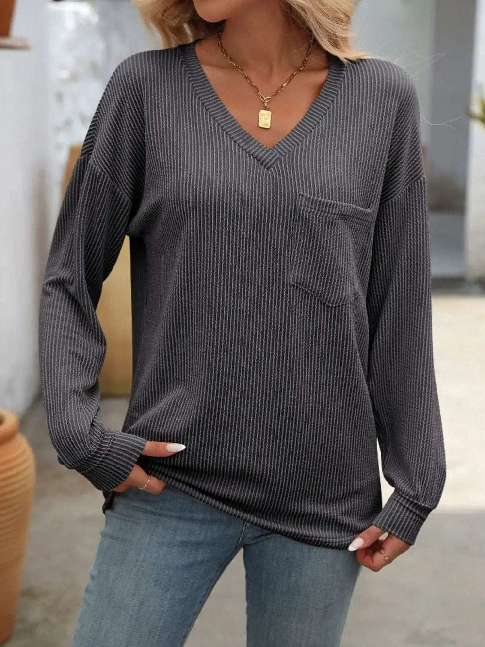 V-Neck Long Sleeve T-Shirt - Trendsi - Flyclothing LLC
