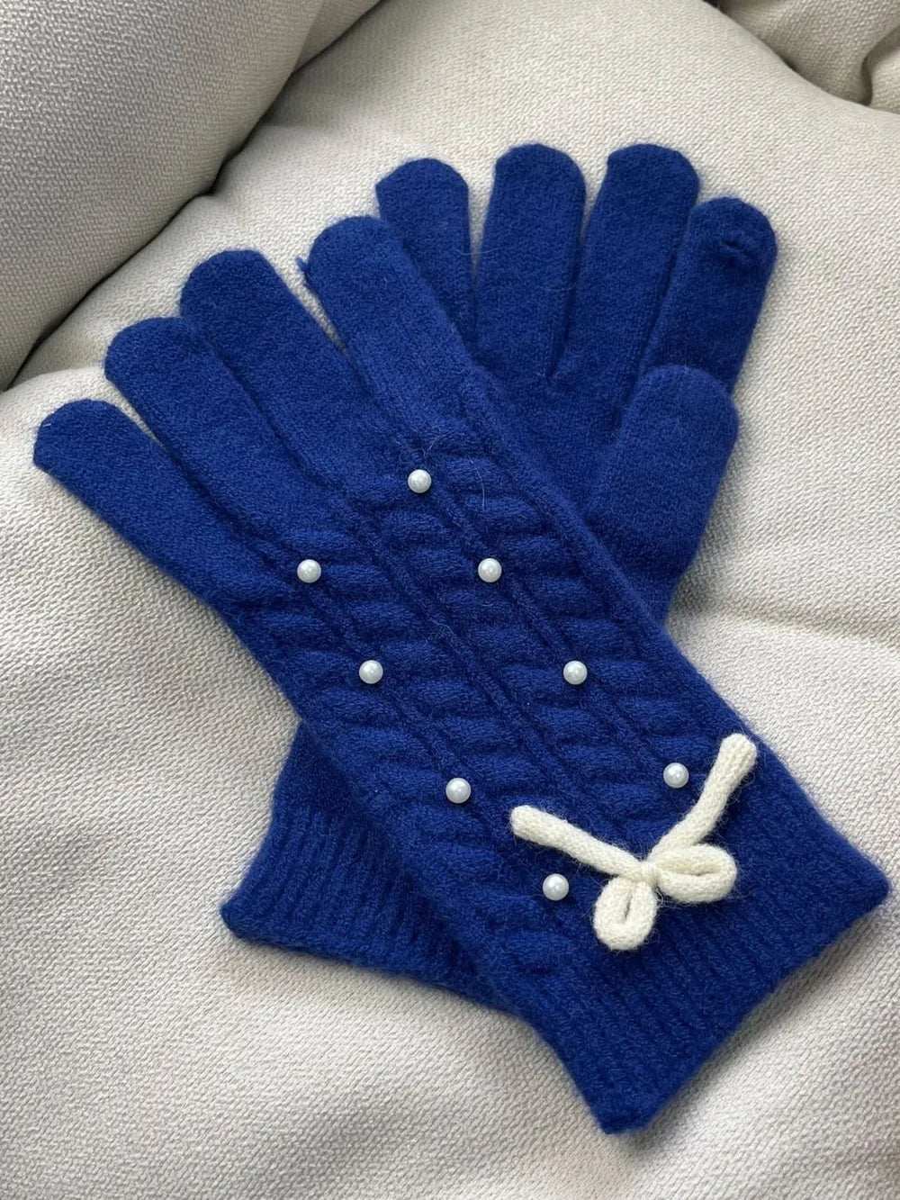 Thermal Pearl Detail Bow Five-Finger Gloves - Trendsi - Flyclothing LLC