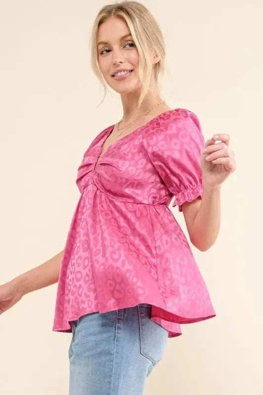 And The Why Satin Leopard V Wired Puff Sleeves Blouse - Trendsi - Flyclothing LLC