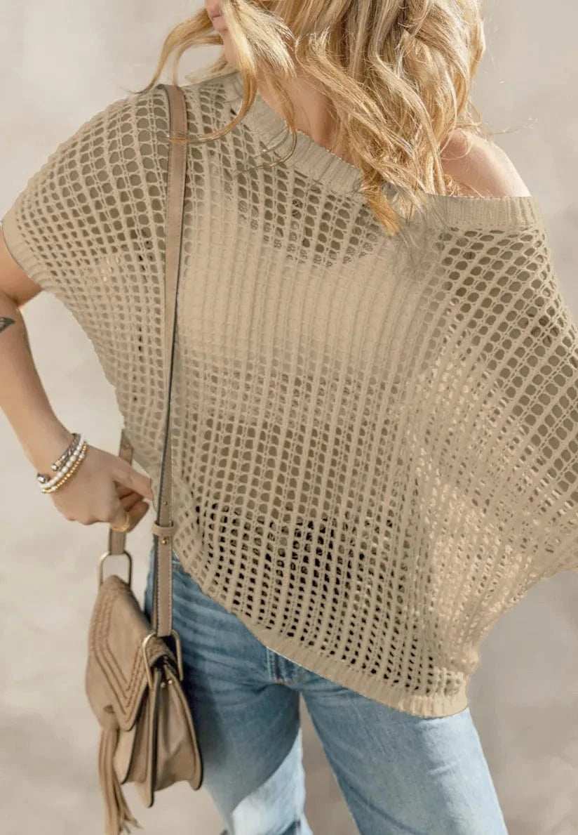Openwork Round Neck Half Sleeve Knit Cover Up - Trendsi - Flyclothing LLC